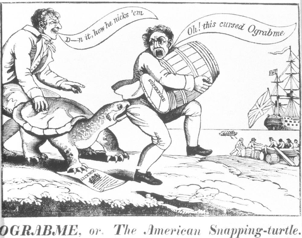 "Ograbme, or The American Snapping-Turtle", Alexander Anderson, 1807. Fonte: https://commons.wikimedia.org/wiki/File:Ograbme.jpg
